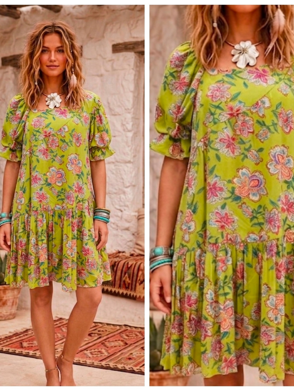 Floral Tiered Mini Dress in Lime Green